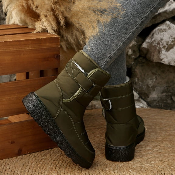 Green Snow Boots For Women Thickened Fleece Mid Calf Adjustable Straps Waterproof Outer Thick Sole Warm Winter Casual Light Soft Daily Shoes Size 37