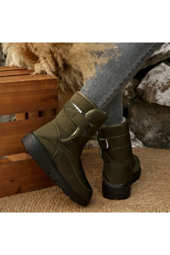 Green Snow Boots For Women Thickened Fleece Mid Calf Adjustable Straps Waterproof Outer Thick Sole Warm Winter Casual Light Soft Daily Shoes Size 41