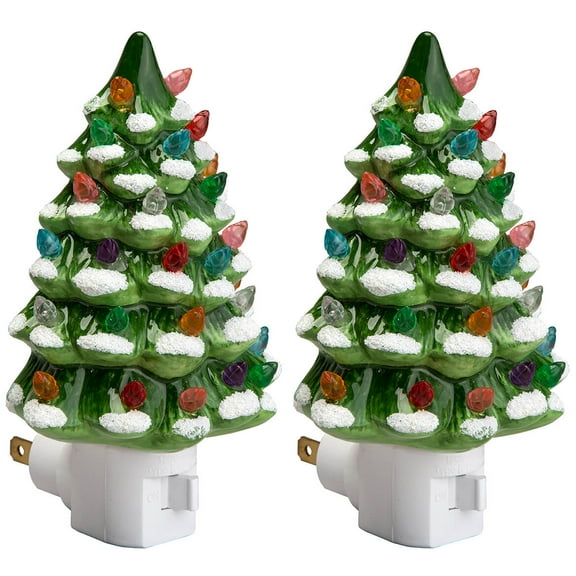 Green Snow-Capped Ceramic Tree Night Light, Set of 2