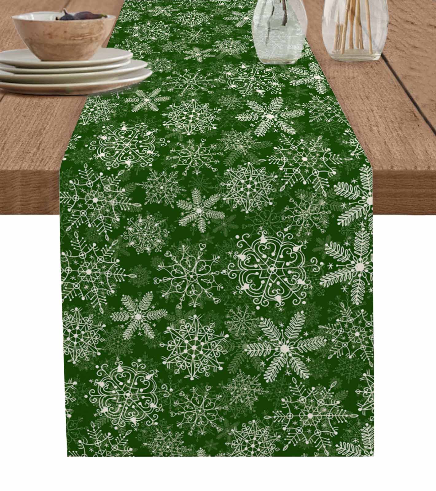 Green Snowflake Christmas Burlap-Cotton Table Runner 120 Inches Long,Xmas Snowflake Vintage Farmhouse Table Runners,Outdoor Dining Tablecloths Decor for Baby Shower Party Wedding 13x120
