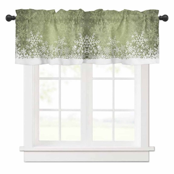Green Snowflakes Valances for Windows Winter Xmas Green White Nature Snow Scene Rod Pocket Curtain Valance Window Treatment Short Curtains for Kitchen Living Room, 42"x12"