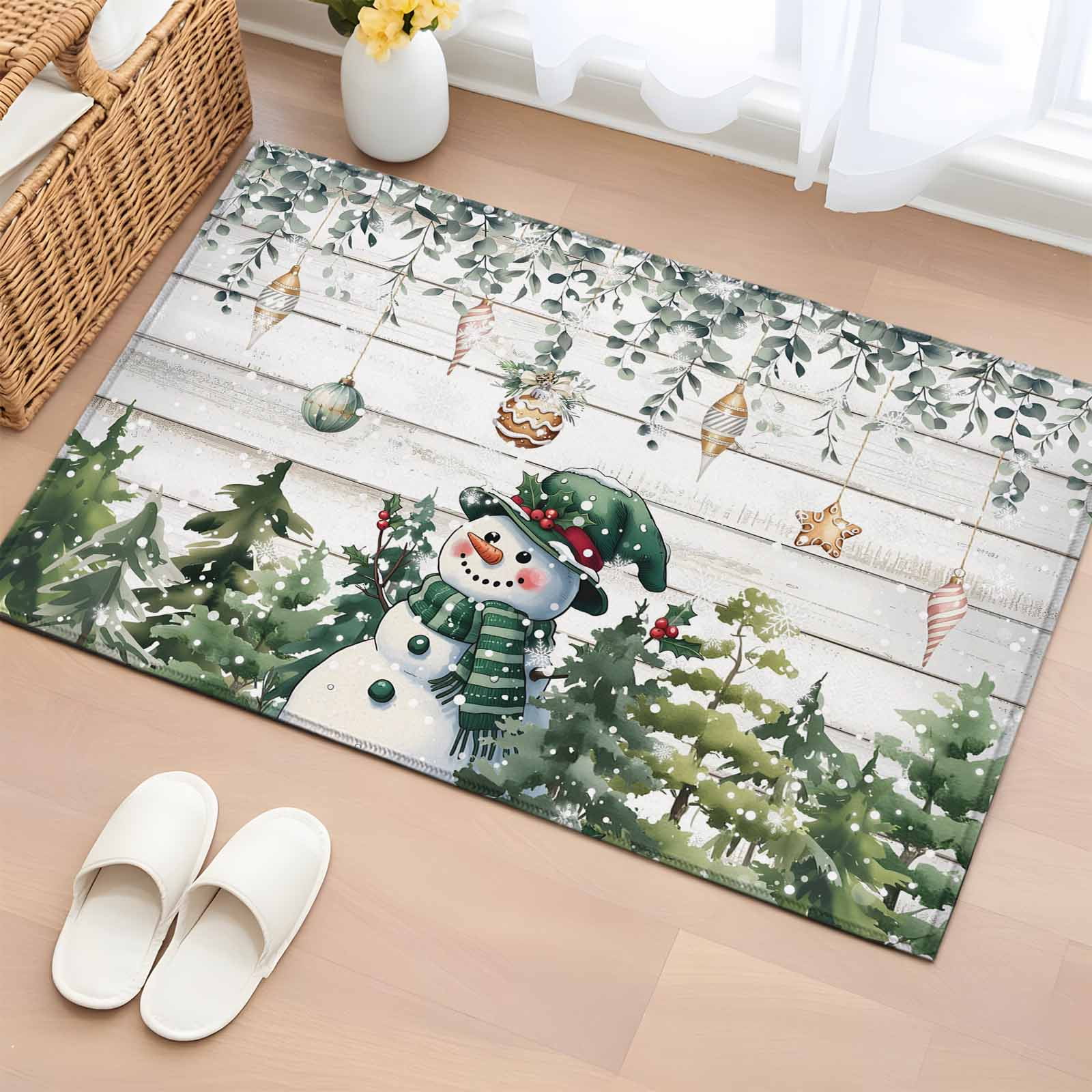 Green Snowman Christmas Bathroom Rug Washable 2x3 Entryway Rug Non Slip ...