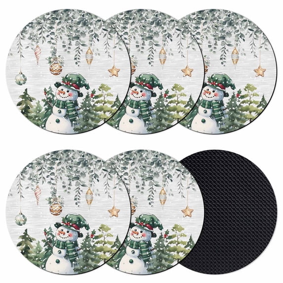 Green Snowman Christmas Coasters Set of 6, Absorbent Coasters for Drinks, Xmas Snowflake Eucalyptus Leaves Coaster for Desk Coffee Table Protection, Home Decor House Warming Gifts 4"