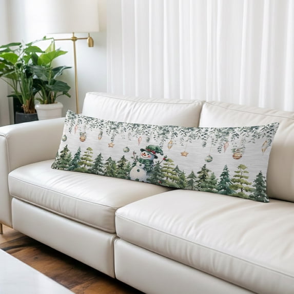 Green Snowman Christmas Long Body Pillow Cover 20x60 Inch, Xmas Snowflake Eucalyptus Leaves Decorative Pillowcase with Zipper, Microfiber Pillow Protector, Soft Breathable Long Pillowcases for Women