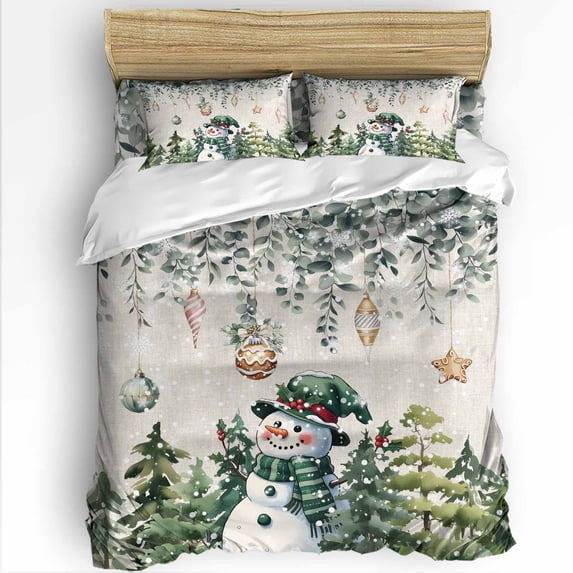 Green Snowman Christmas Queen Size Comforter Set, Eucalyptus Xmas Tree Balls Rustic Soft Bedding for All Seasons, 4 Pcs Bed Set with 1Comforter (90"x92") ,1 Sheet(94"x116"), 2 Pillowcases (19"x29")