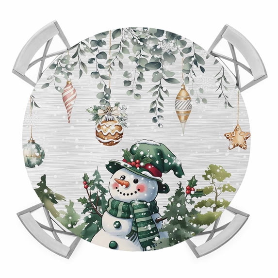 Green Snowman Christmas Round Tablecloth for 45-54 Inch Tables,Fitted Table Cover with Elastic Edge,Xmas Snowflake Eucalyptus Leaves Waterproof Outdoor Table Cloth Protector for Patio Garden Dinner