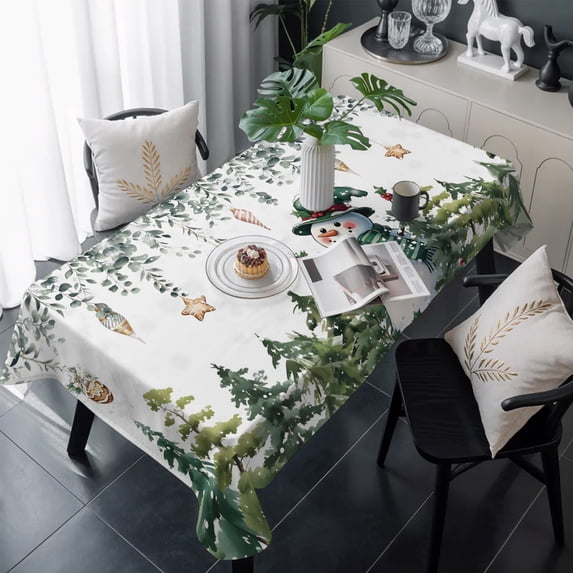 Green Snowman Christmas Table Cloth Waterproof Tablecloths, Eucalyptus Leaves Xmas Snowflake Tablecloth Dining Table Cover for Kitchen Party Tabletop Outdoor, Rectangle Tablecloth 54x108 Inch