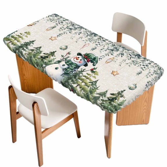 Green Snowman Christmas Table Cloths for 4 Foot Rectangle Tables, Xmas Snowflake Eucalyptus Leaves Rustic Patio Waterproof Elastic Fitted Tablecloths, Washable Rectangular Table Cover for Camping