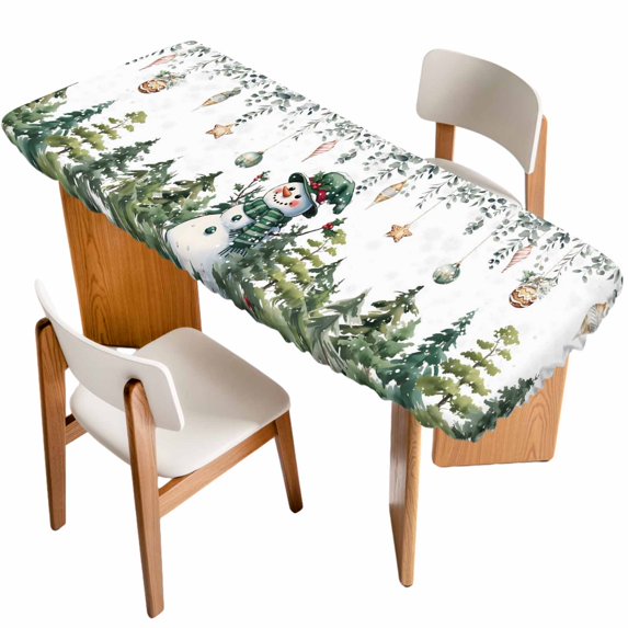 Green Snowman Christmas Table Cloths for 8 Foot Rectangle Tables, Eucalyptus Leaves Xmas Snowflake Patio Waterproof Elastic Fitted Tablecloths, Washable Rectangular Table Cover for Camping