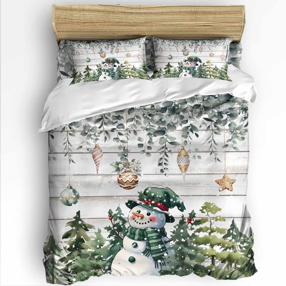 Green Snowman Christmas Twin Size Comforter Set, Eucalyptus Xmas Tree Balls Vintage Soft Bedding for All Seasons, 4 Pcs Bed Set with 1 Comforter (68"x86") ,1Sheet(66"x116"), 2 Pillowcases (19"x29")