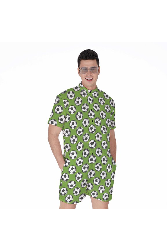 Green Soccer Ball Pattern Short Sleeve Men'S Rompers Casual Summer Jumpsuits Outfit
