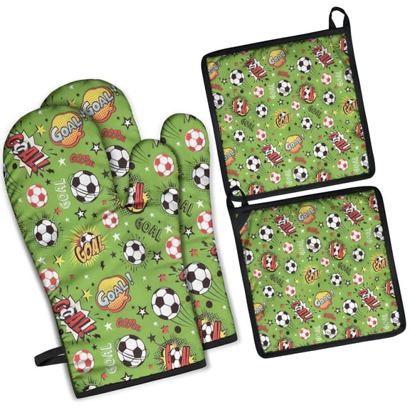 Green Soccer Comic Pattern Kitchen Oven Mitt and Pot Holder Sets 2 Pcs for Baking, Cooking and Grilling, Heat Resistant Up To 392 °F