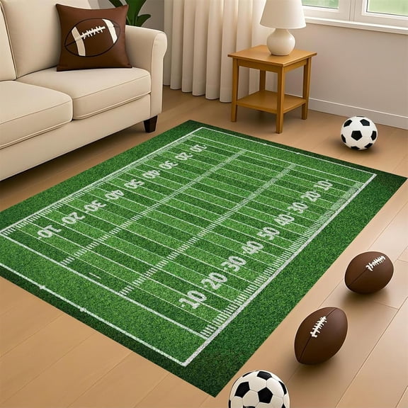 Green Soccer Field Area Rug, Sports Stadium Pattern Carpet, Washable Non Slip Low Pile Soft Thin, Living Room Bedroom Playroom Kindergarten Home Decor Mat 5x8ft