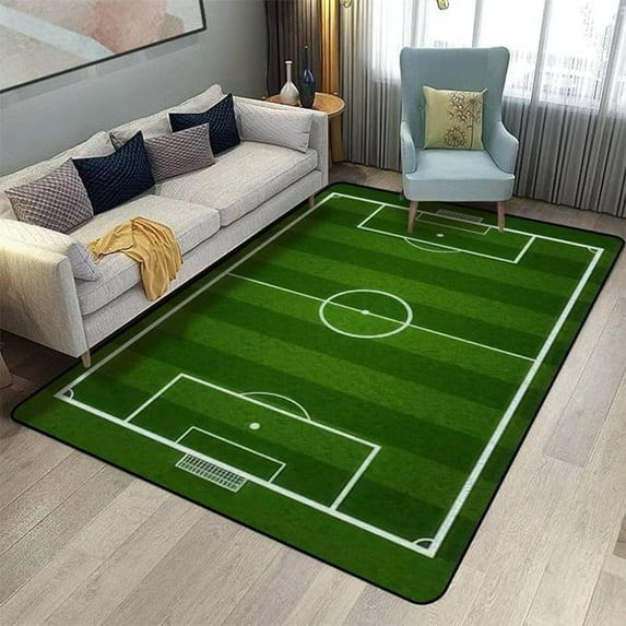 Green Soccer Field Area Rugs, Cartoon Green Field Football Easy Clean Rug, Soft Non-Skid Carpet Throw Rug For Kids Teen Girls Boys Bedroom Living Room Bathroom Classroom Office 4x5ft