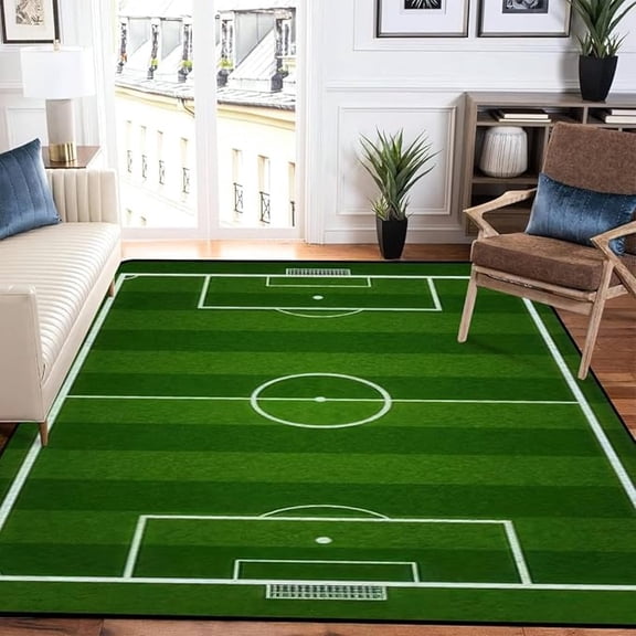 Green Soccer Field Kids Rugs, Football Lovers Non Slip Stain Resistant Area Rug, Soft Machine Washable Carpet For Indoor Bedroom Living Room Office Decor Rug 5x7ft