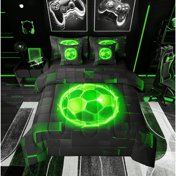 Green Soccer Full Comforter Set - Neon 3D Grid 7 Piece Bedding All Season Includes Comforter, Sheets & Pillow Cover Sports Game Bed Set Super Soft Microfiber