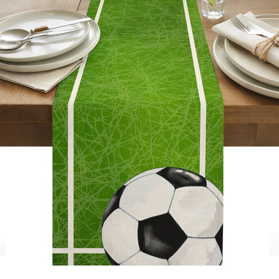 Green Soccer Table Runner Classic Football Stripes Ball Sport Theme Tablerunners 13 x 36 Inch, Table Decorations Tabletop Scarf for Summer Gathering Holiday Farmhouse Kitchen Dining Decor