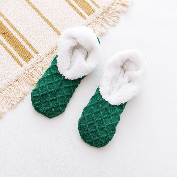 Green Socks Ladies Warm Solid Color Floor Socks Non Slip Plush Knitted Coral Fleece Socks