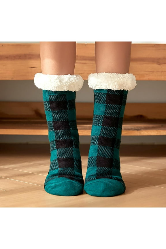 Green Socks Women's Plaid Floor Socks Thicken Warm Sleeping Socks Slippers Socks