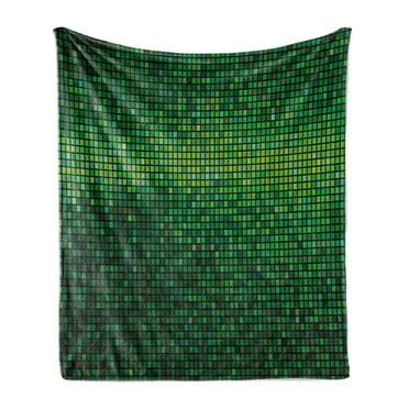 Green Soft Flannel Fleece Blanket, Abstract Vibrant Square Pixel Mosaic Design Geometric Technology Theme Digital Grid Print, Cozy Plush for Indoor and Outdoor Use, 50" x 60", Green, by Ambesonne