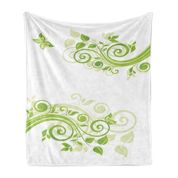 Green Soft Flannel Fleece Blanket, Floral Botanical Design with Curly Ivy Branches and Butterfly Spring Time, Cozy Plush for Indoor and Outdoor Use, 70" x 90", Apple Green Pale Green, by Ambesonne
