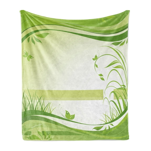 Green Soft Flannel Fleece Blanket, Fresh Spring Nature Inspiration Abstract Wavy Framework Grass Butterflies, Cozy Plush for Indoor and Outdoor Use, 70" x 90", Apple Green Fern Green, by Ambesonne