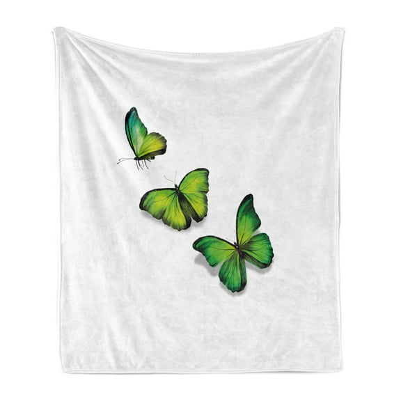 Green Soft Flannel Fleece Throw Blanket, 3 Vibrant Butterflies on White Backdrop Spring Nature, Cozy Plush for Indoor and Outdoor Use, 50" x 70", Lime Green Fern Green, by Ambesonne