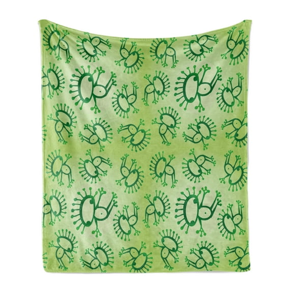 Green Soft Flannel Fleece Throw Blanket, Doodle Style Drawing of Alien Frogs Fantasy Theme Watercolors Cartoon Like Pattern Kids, Cozy Plush for Indoor and Outdoor Use, 50" x 60", Green, by Ambesonne