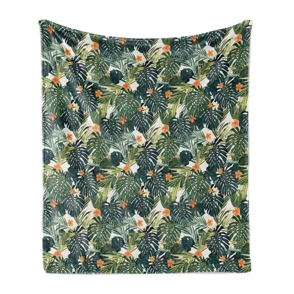 Green Soft Flannel Fleece Throw Blanket, Hawaiian Summer Aloha Pattern Tropical Plants and Hibiscus Flowers, Cozy Plush for Indoor and Outdoor Use, 50" x 60", Green Dark Teal Orange, by Ambesonne
