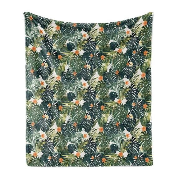 Green Soft Flannel Fleece Throw Blanket, Hawaiian Summer Aloha Pattern Tropical Plants and Hibiscus Flowers, Cozy Plush for Indoor and Outdoor Use, 60" x 80", Green Dark Teal Orange, by Ambesonne