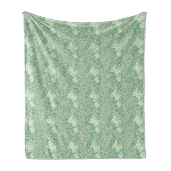 Green Soft Flannel Fleece Throw Blanket, Lace Style Graphic Pattern of Flourishing Forest Elements Butterflies, Cozy Plush for Indoor and Outdoor Use, 50" x 70", Pale Green Turquoise, by Ambesonne