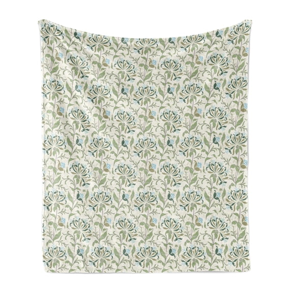 Green Soft Flannel Fleece Throw Blanket, Pastel Colored Floral Ornaments Soft Petals Leaves Vintage Garden Botany, Cozy Plush for Indoor and Outdoor Use, 50" x 70", Multicolor, by Ambesonne