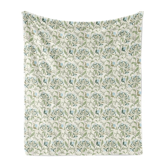 Green Soft Flannel Fleece Throw Blanket, Pastel Colored Floral Ornaments Soft Petals Leaves Vintage Garden Botany, Cozy Plush for Indoor and Outdoor Use, 60" x 80", Multicolor, by Ambesonne