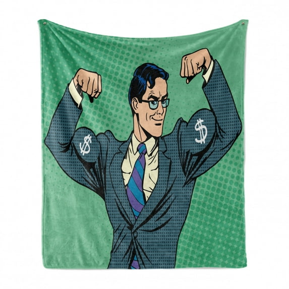 Green Soft Flannel Fleece Throw Blanket, Pop Art Retro Style Manly Businessman with Currency Dollar Money Print, Cozy Plush for Indoor and Outdoor Use, 50" x 70", Petrol Blue Fern Green, by Ambesonne