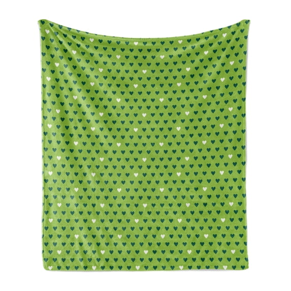 Green Soft Flannel Fleece Throw Blanket, Small Heart Shapes Vibrant Color Celebratory Fun Pattern Design, Cozy Plush for Indoor and Outdoor Use, 50" x 60", Lime Green Dark Green, by Ambesonne