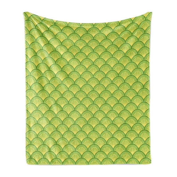 Green Soft Flannel Fleece Throw Blanket, Traditional Japanese Floral Wave Pattern Far Eastern Ornament, Cozy Plush for Indoor and Outdoor Use, 50" x 60", Yellow Green Apple Green, by Ambesonne