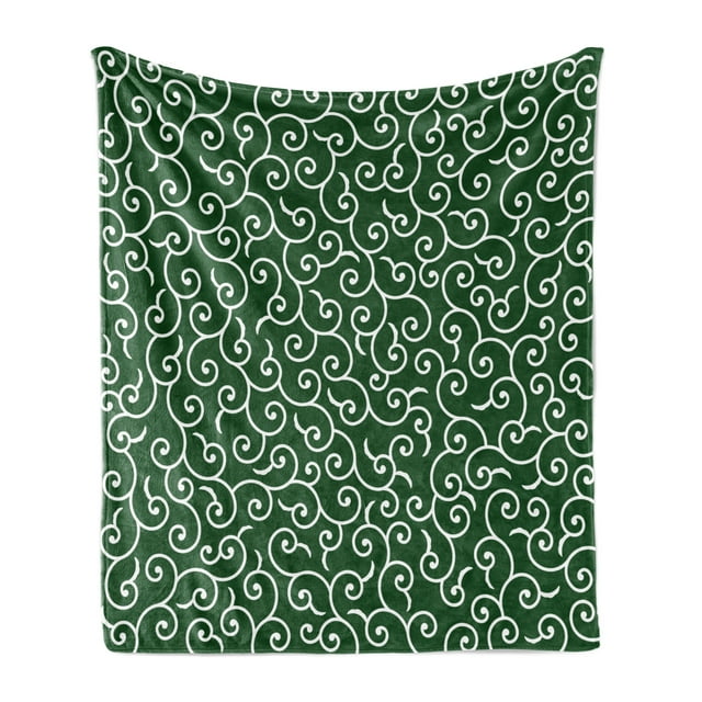Green Soft Flannel Fleece Throw Blanket, Traditional Japanese Pattern with Abstract Curly Branches and Leaves, Cozy Plush for Indoor and Outdoor Use, 60" x 80", Emerald White, by Ambesonne