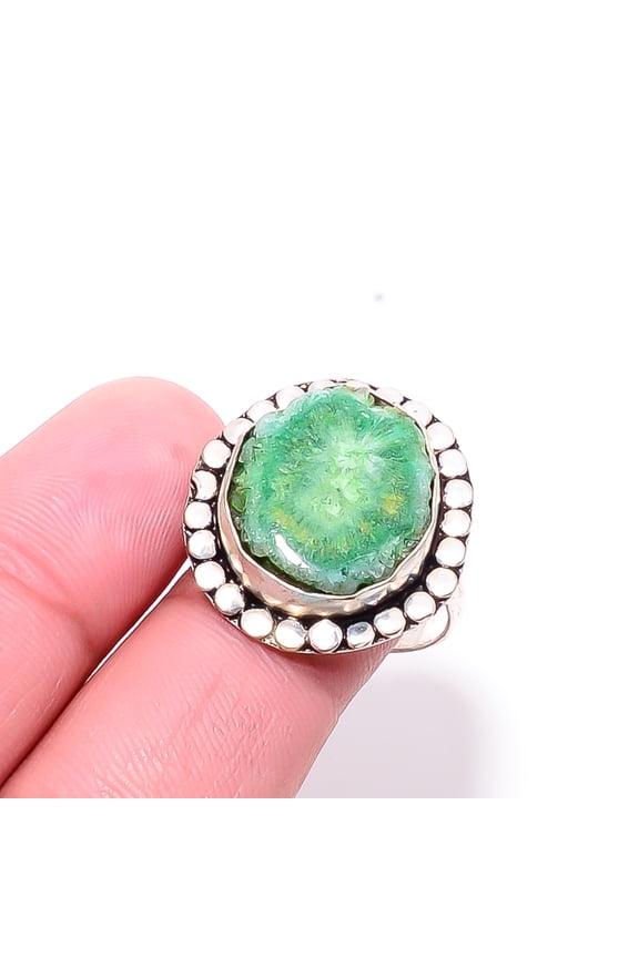 Green Solar Eye Quartz Drusy Designer Handmade 925 Sterling Silver Ring S.10 R13