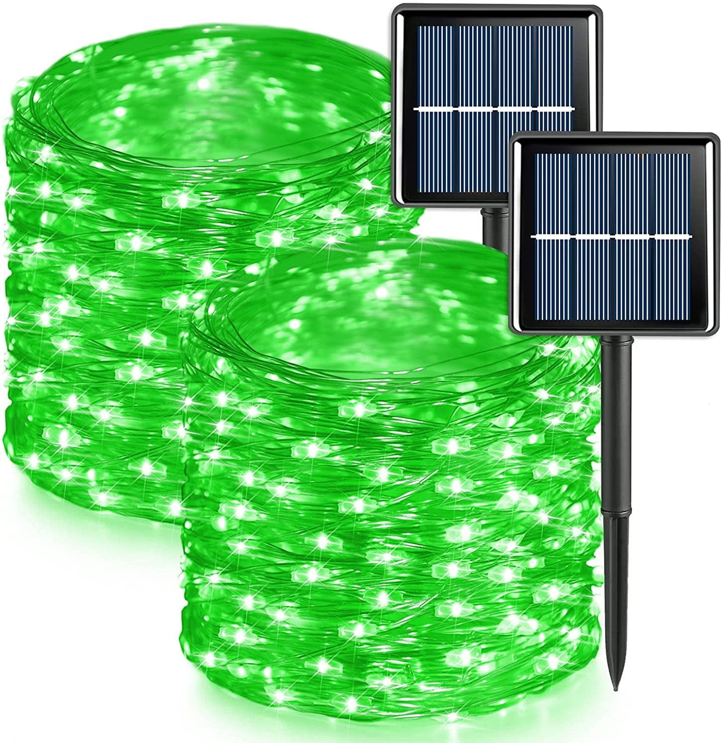 Green Solar Fairy Lights Outdoor Waterproof, 2 Pack Each 33ft 100 LED Solar String Lights, 8 Modes Silver Wire Solar Twinkle Lights for Halloween Christmas Patio Garden