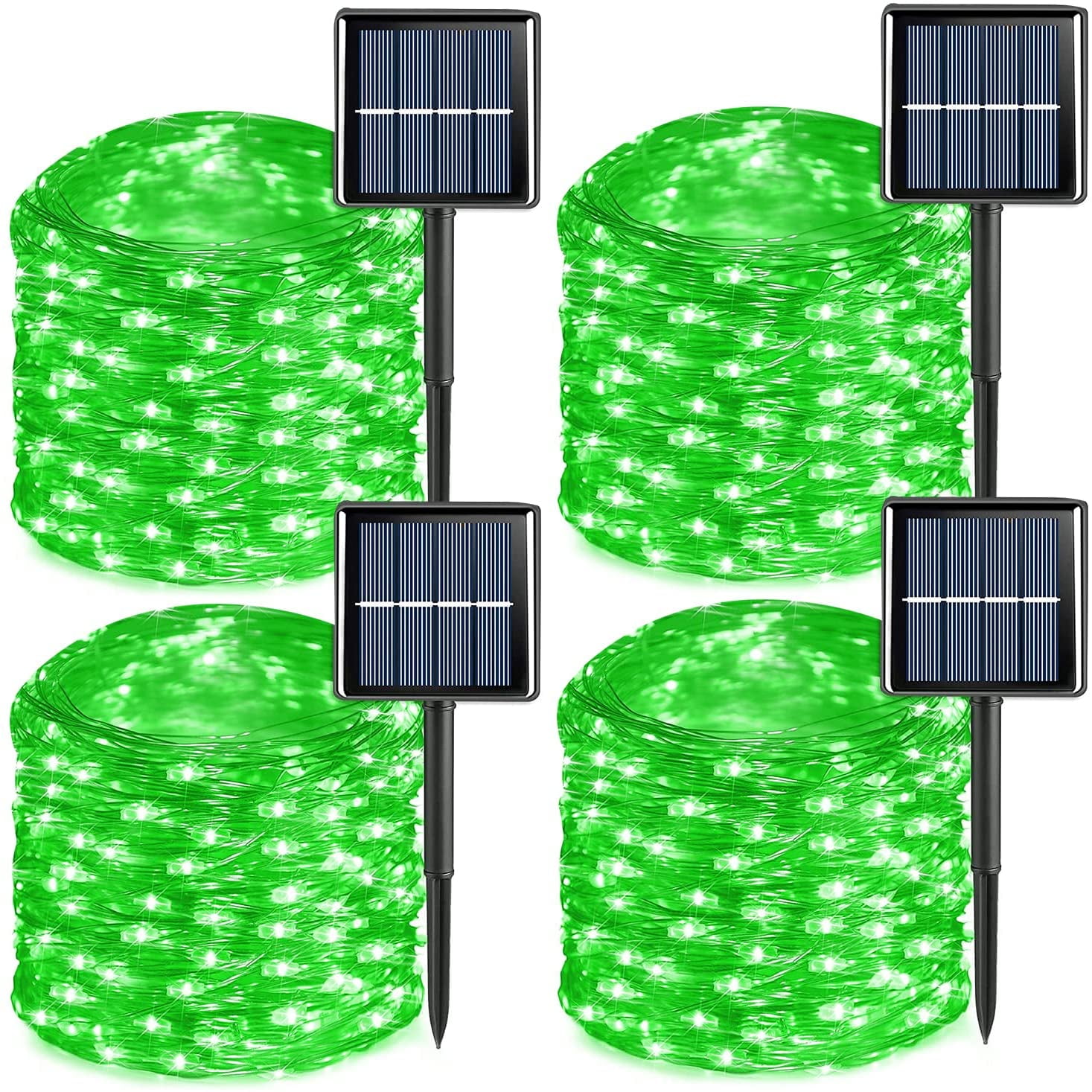 Green Solar Fairy Lights Outdoor Waterproof, 4 Pack Each 33ft 100 LED Solar String Lights, 8 Modes Silver Wire Solar Twinkle Lights for Halloween Christmas Patio Garden