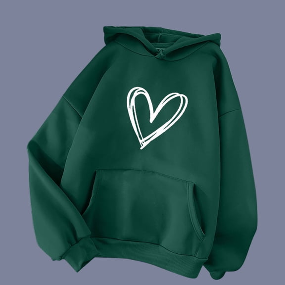 Green Custom Dimensions Hoodies, Polyester Women's Pullover Outwear Hoodies, Women's Hoodie With Love Print Hoodie Pocket Drawstring Warm Hoodie, XL