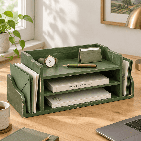 Green Solid Pine Wood Desktop File Organizer for Office and Study