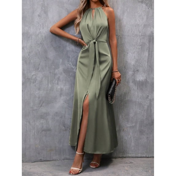 Green Solid Satin Halter Maxi Dress With Front Slit And Belted Waist