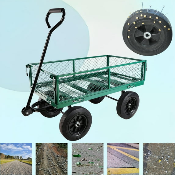 37" Green Metal Garden Cart - Solid Wheel Utility Wagon, Heavy-Duty Dump Cart for Yard Work
