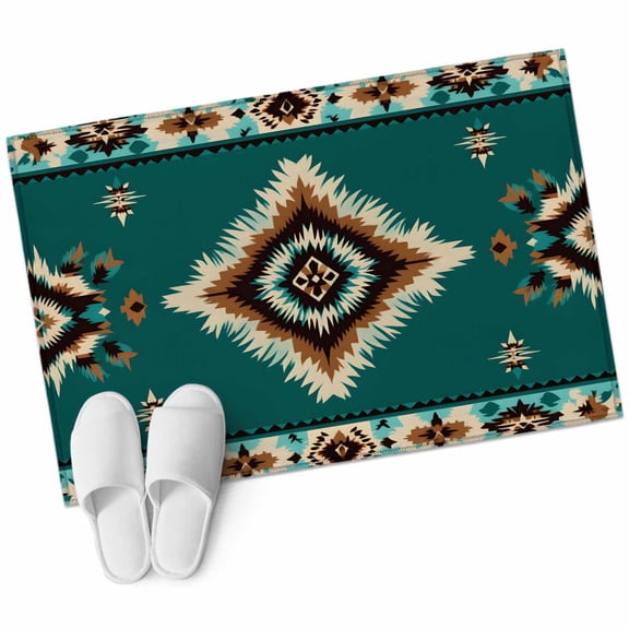 Green Southwestern 2'x3' Washable Rug, Boho Ethnic Geometric Retro Non-Slip Soft Doormat Area Rugs for Entrance Bathroom Bedsides, Carpet for Kitchen Bedroom, Entryway Floor Mat