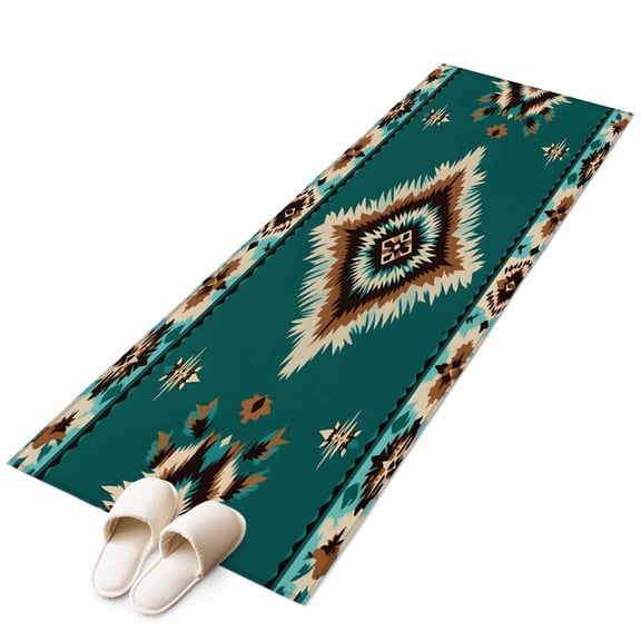 Green Southwestern 2'x6' Runner Rug, Boho Ethnic Geometric Retro Washable Non-Slip Area Rugs for Hallway Kitchen Floor Bedroom Entryway, Laundry Carpet Decoration Indoor Mat