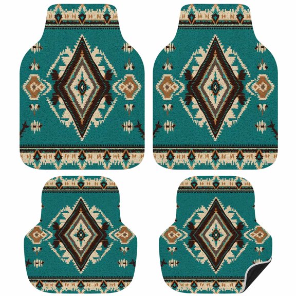 Green Southwestern Car Floor Mats 4 Pieces, Front & Rear Auto Carpet Mats Full Set with Rubber Backing, Vintage Boho Geometric Universal All Weather Car Floor Protectors for SUV Truck Van