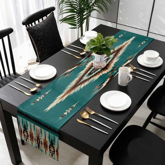 Green Southwestern Cotton Linen Table Runner 13 x 90 inch Boho Ethnic Geometric Retro Non-slip Rectangular Dining Table Decor for Wedding Party Holiday Dinner