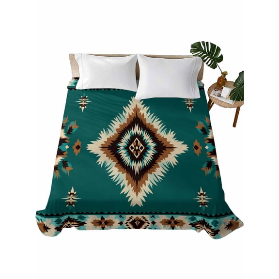 Green Southwestern Flat Sheets Only King Size, Soft Breathable Bed Top Sheets for Mattress, Boho Ethnic Geometric Retro Luxury Bedding Flat Sheets for Home Hotel Bedroom Bed Protection