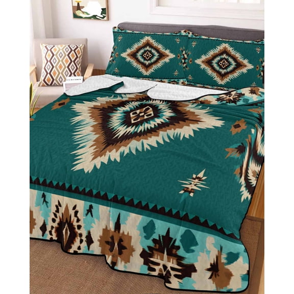 Green Southwestern Full Size Down Alternative Comforter, Lightweight Comforter Quilt Bedding Set with Pillow Shams Boho Ethnic Geometric Retro All Seasons Bed Comforter Duvet Insert 78"x90"